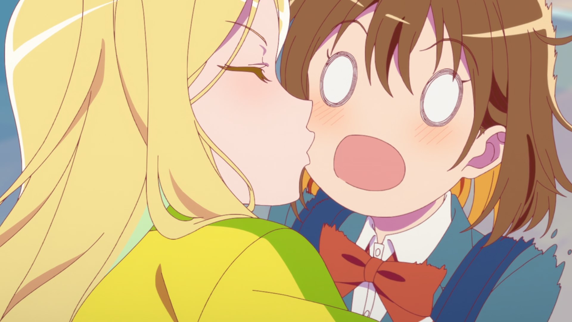 Anna kisses Kanata on the cheek at her first meeting. Kanata is shook.